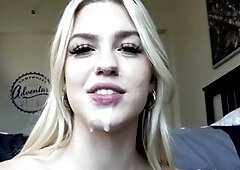 Blue eyed babe does accents whilst screwed then gets a large a facial