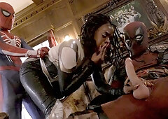 Two superhero hunks are having their way with a black babe