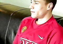 Handsome young Brit masturbates and cums after an interview