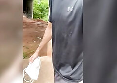 Alpha male with huge dick walking down the street in pants without underwear with the volume showing