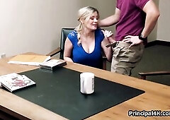 Sexy golden-haired cougar rides head teacher by his large booty desk