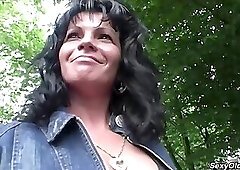 Hot amateur MILF Gabriela in public casting fucks pussy with yellow vibrator