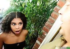 Great-looking miniature ebony Jeni Angel drilled in the cowgirl pose