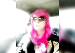 Mrs. Roman TG with Pink Hair and leather gloves smokin' VS120s Menthol driving CD older ladyboy smokin' fetush