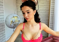 Busty curly brunette with big boobs fucks on couch