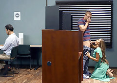 Abigail Mac on her knees gives blowjob to Xander