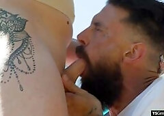 Busty shemale Haven Rose lets her guy deepthroat her trans cock outdoors.The big tits blonde tgirl gives him a blowjob in return and bends over to get