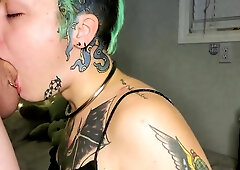 Tattooed freak deepthroats a cock and swallows hot cumload