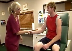 Blonde nurse strokes a big cock asking for a big cum