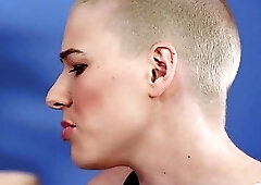 Beautiful blonde haired shemale fucks a cute short haired female