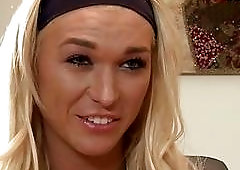 Hot shemale with blonde hair and tats gets hot blowjob