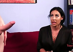 MILFY in stockings teasing guy who jerks cock on her