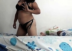 Bride in sexy black lingerie gives her first blowjob