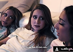 Khloe Kapri & Laney Grey invite Kiarra Kai over for an interracial college slumber party full of teasing touches