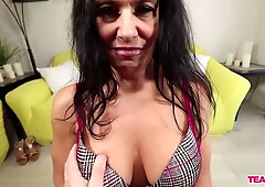 Mature seductress Mercedes Cummings delivers rough handjob and deep oral