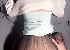 Chinese slut with torn tights covers her face with a blanket while a stranger fucks her